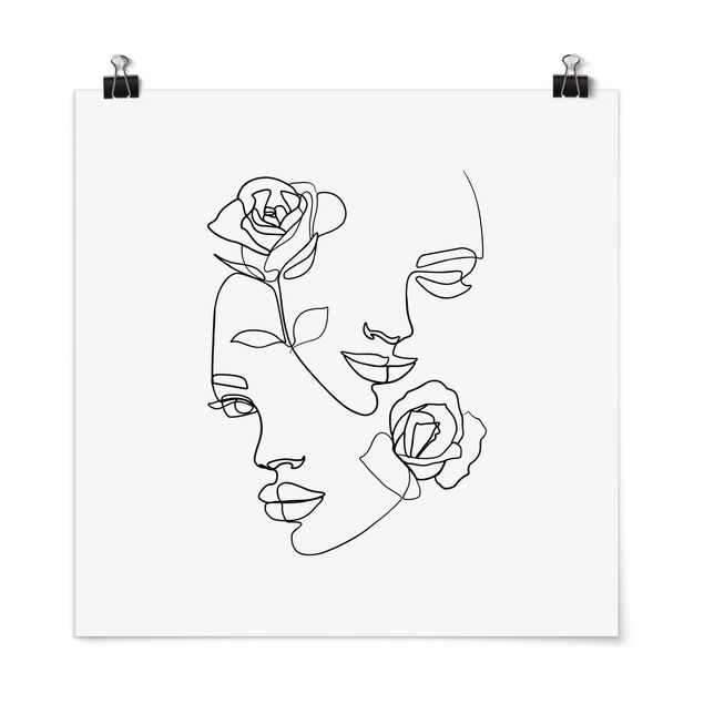 Poster Blumen Line Art Gesichter Frauen Rosen Schwarz Weiß