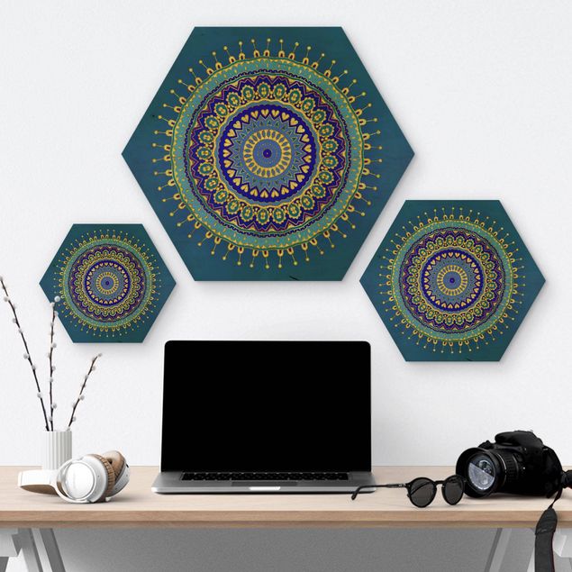 Hexagon Bild Holz - Mandala Blau Gold