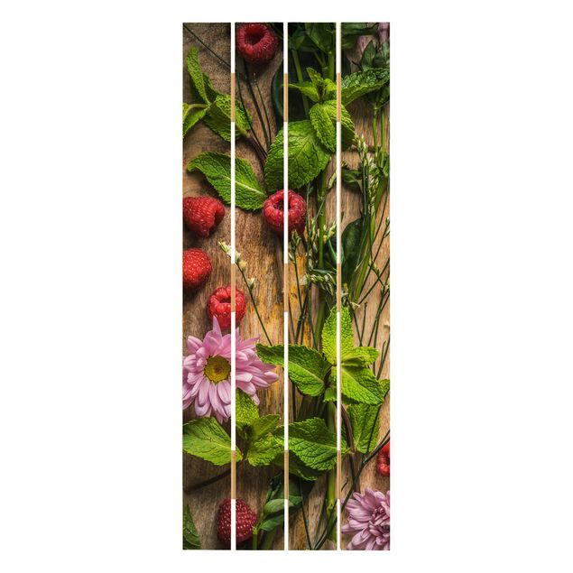 Holzbilder Blumen Himbeeren Minze