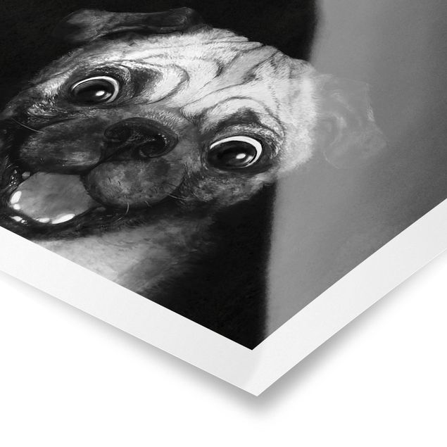 Wandbilder Schwarz Illustration Hund Mops Malerei auf Schwarz Weiß