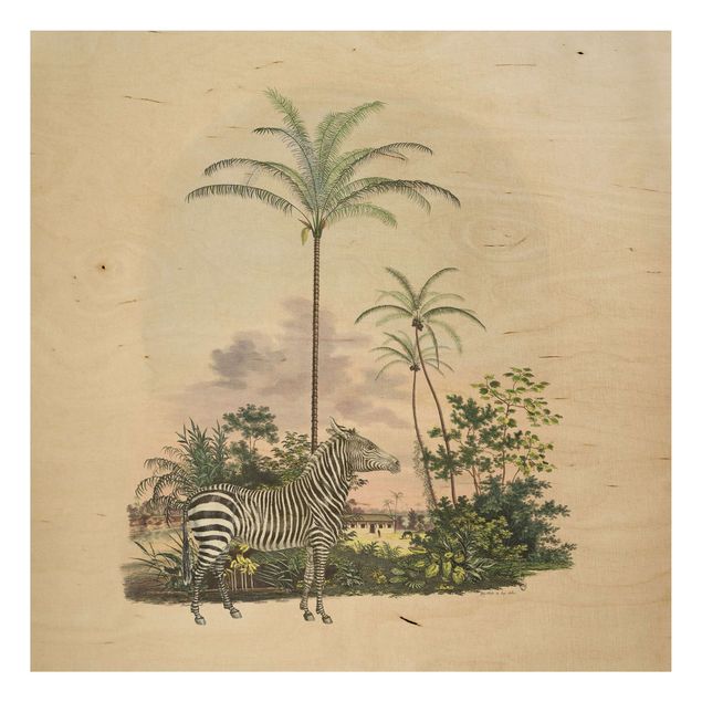 Holzbilder Landschaften Zebra vor Palmen Illustration