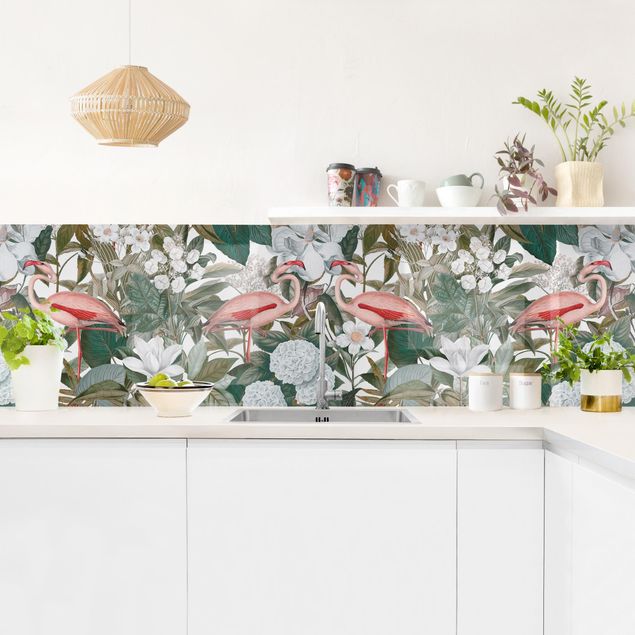Spritzschutz Küche Glas Rosa Flamingos mit Blättern und weißen Blumen