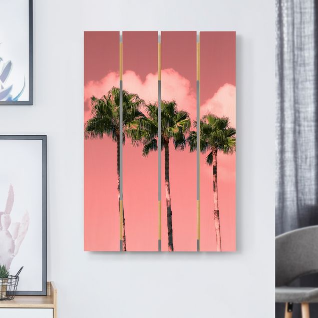 Holzbilder Blumen Palmen vor Himmel Rosa