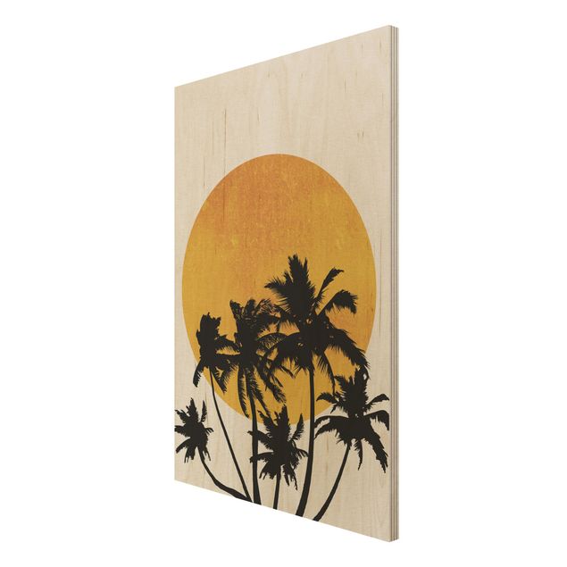Holzbild Natur Palmen vor goldener Sonne
