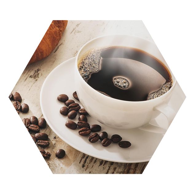 Hexagon Bilder Dampfende Kaffeetasse mit Kaffeebohnen