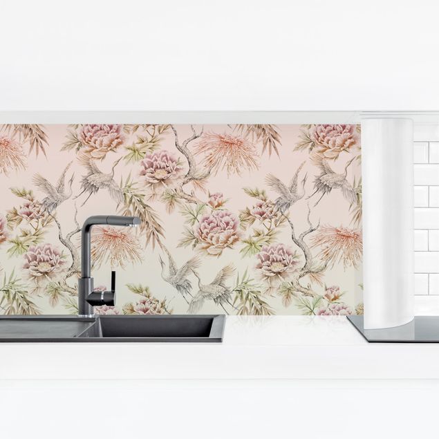 Glasrückwand Küche Aquarell Vögel mit großen Blüten in Ombre