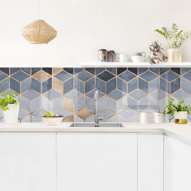 Spritzschutz Küche Glas Blau Weiß goldene Geometrie