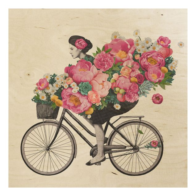 Laura Graves Art Illustration Frau auf Fahrrad Collage bunte Blumen
