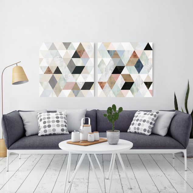 Leinwandbilder Muster Aquarell-Mosaik mit Dreiecken Set I