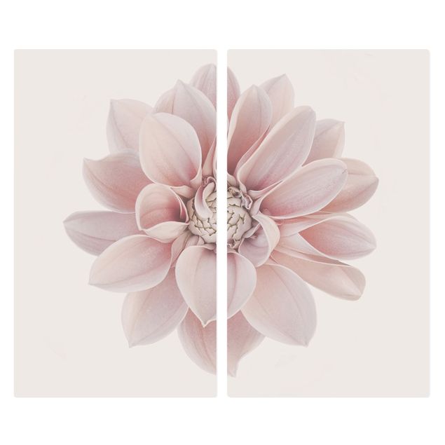 Herdabdeckplatte Glas - Dahlie Blume Pastell Weiß Rosa - 52x60cm