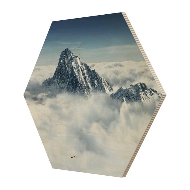 Hexagon Bild Holz - Die Alpen über den Wolken