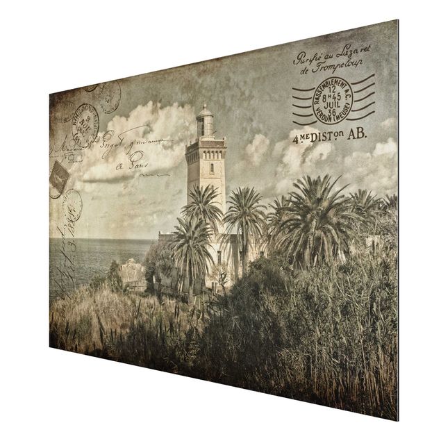 Wandbilder Strände Vintage Postkarte mit Leuchtturm und Palmen