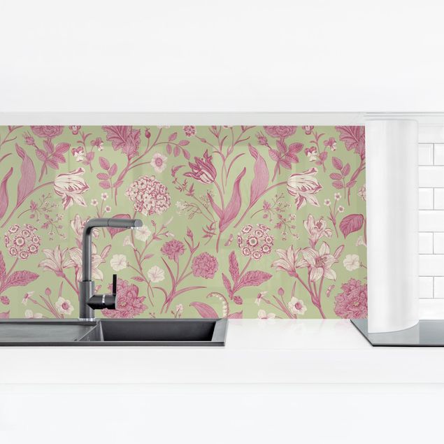 Küchenrückwand Folie selbstklebend Blumentanz in Mint-Grün und Rosa Pastell