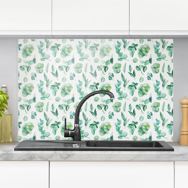 Wanddeko Küche Aquarell Eukalyptuszweige und Blätter Muster