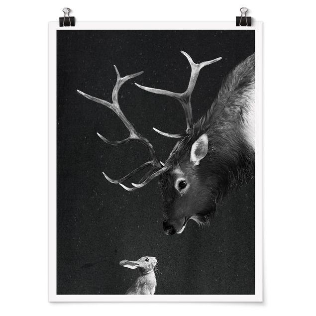 Poster schwarz-weiß Fotografie Illustration Hirsch und Hase Schwarz Weiß Malerei
