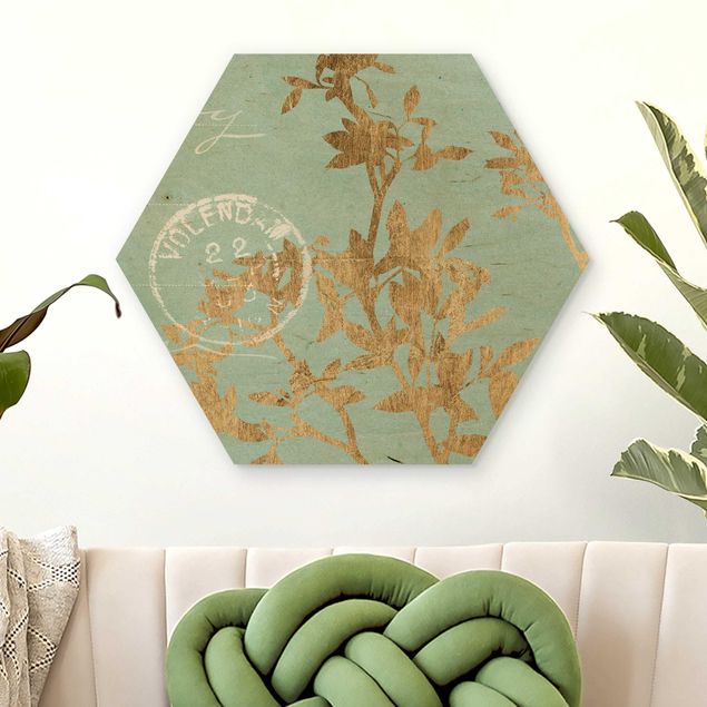Wanddeko Küche Goldene Blätter auf Turquoise II