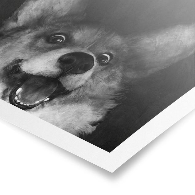 Tiere Poster Illustration Hund Corgi Malerei Schwarz Weiß