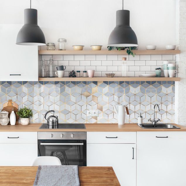 Glasrückwand Küche Blau Weiß goldene Geometrie II