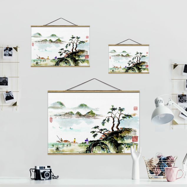 Wandbilder Vintage Japanische Aquarell Zeichnung See und Berge