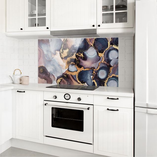 Glasrückwand Küche Steinoptik Marmor Aquarell mit Gold