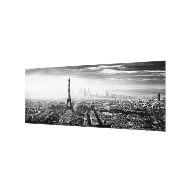 Spritzschutz Glas - Der Eiffelturm von Oben Schwarz-weiß - Panorama - 5:2