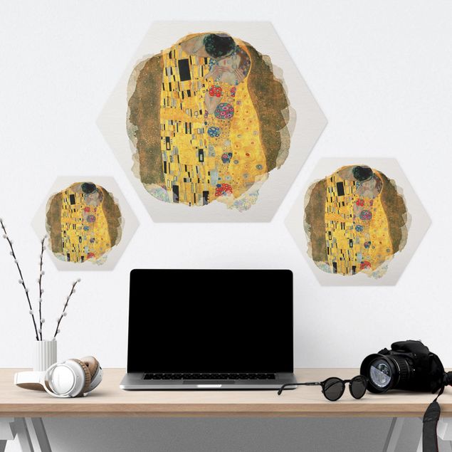 Hexagon Bilder Wasserfarben - Gustav Klimt - Der Kuss