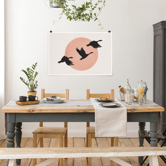 Poster Kunstdruck Vögel vor rosa Sonne III
