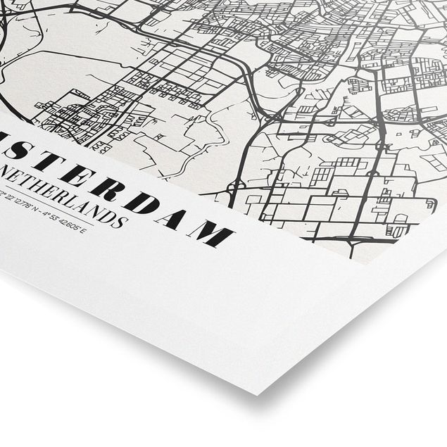 Wandbilder Schwarz-Weiß Stadtplan Amsterdam - Klassik