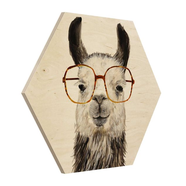Wandbild Holz Hippes Lama mit Brille IV