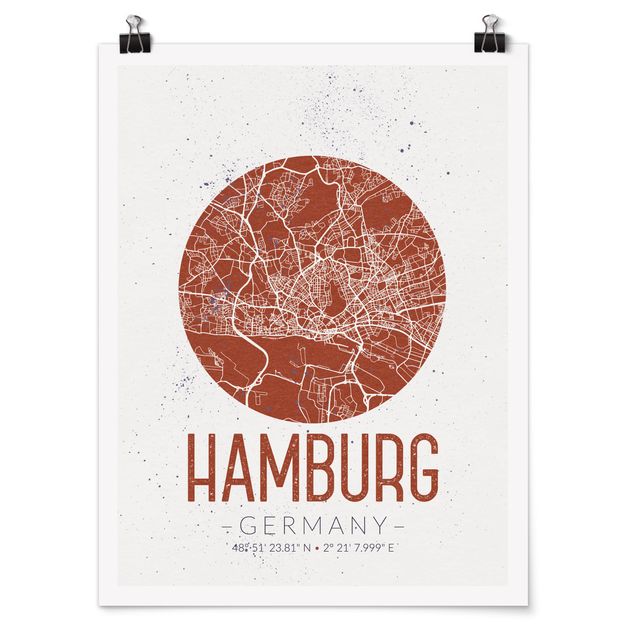 Poster Skyline Stadtplan Hamburg - Retro