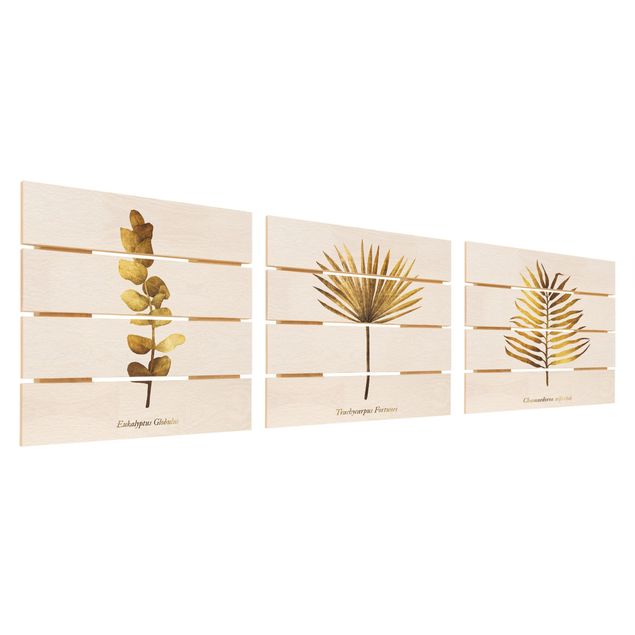 Wandbild Holz Gold - Tropische Blätter Set I