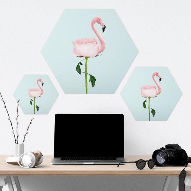 Hexagon Bilder Flamingo mit Rose