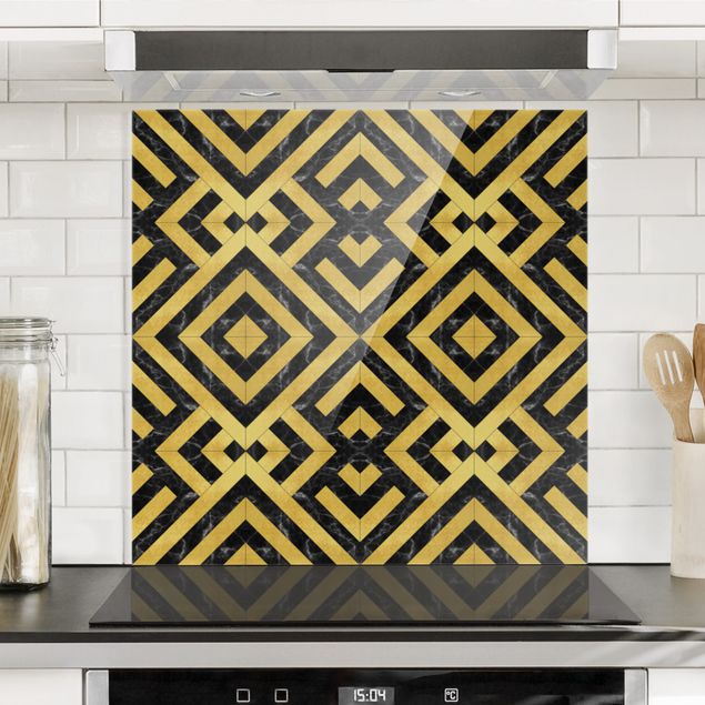Wanddeko Küche Geometrischer Fliesenmix Art Deco Gold Schwarzer Marmor