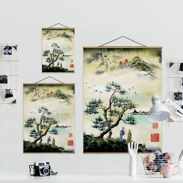 Wandbilder Retro Japanische Aquarell Zeichnung Kiefer und Bergdorf