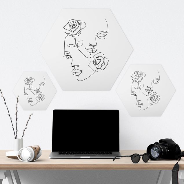 Hexagon Bilder Line Art Gesichter Frauen Rosen Schwarz Weiß