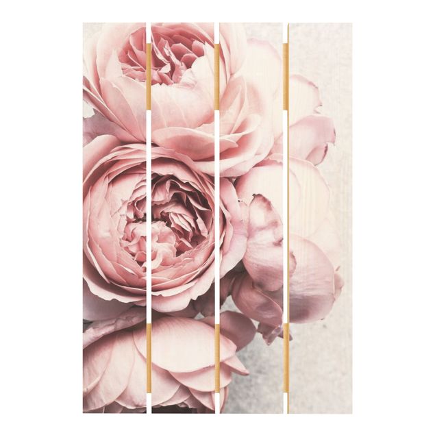 Wandbild Holz Rosa Pfingstrosenblüten Shabby Pastell