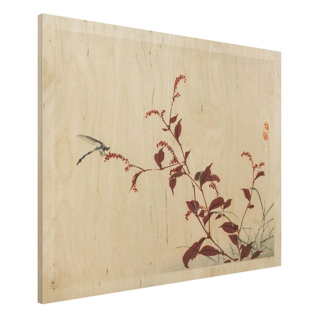 Wanddeko Küche Asiatische Vintage Zeichnung Roter Zweig mit Libelle