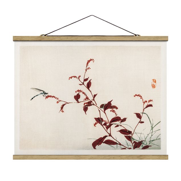 Wandbilder Retro Asiatische Vintage Zeichnung Roter Zweig mit Libelle