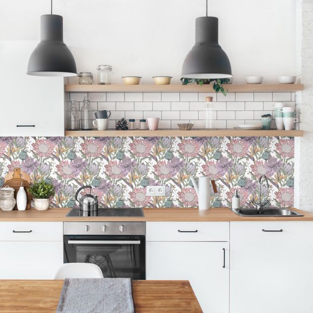 Glasrückwand Küche Florale Eleganz in Pastell XXL