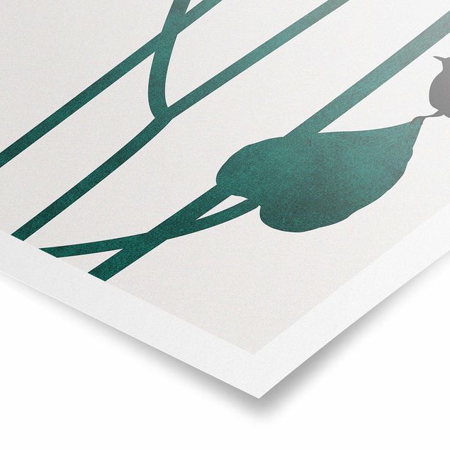 Kunstdrucke Poster Grafische Pflanzenwelt - Vogel auf Blatt