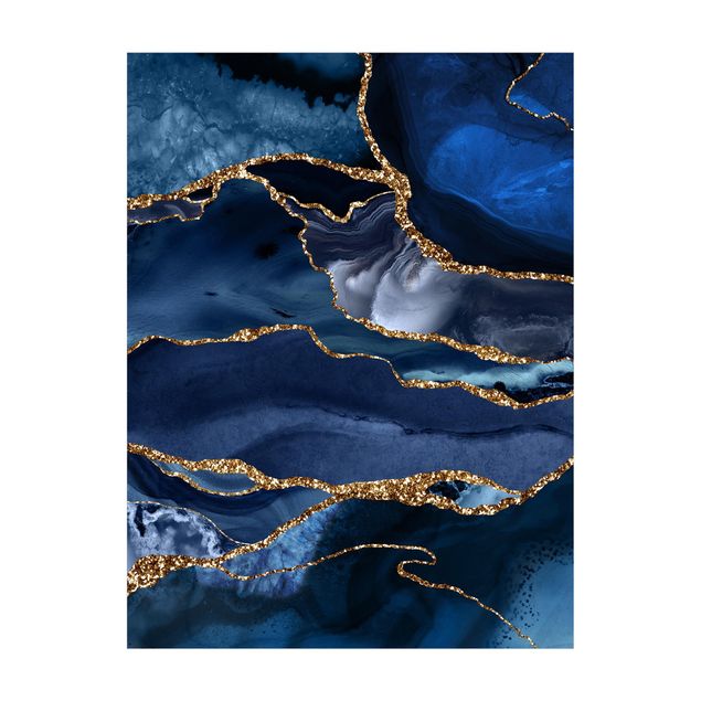 Teppich abstrakt Goldene Glitzer Wellen vor Blau