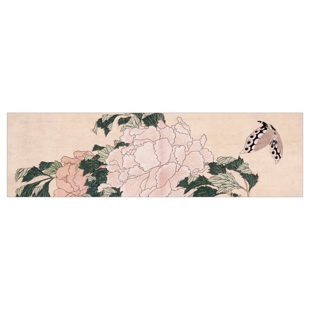 selbstklebende Klebefolie Katsushika Hokusai - Rosa Pfingstrosen mit Schmetterling
