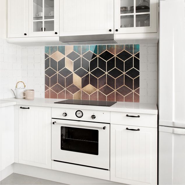 Glasrückwand Küche Muster Türkis Rosé goldene Geometrie