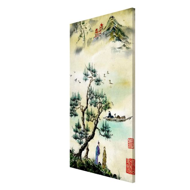 Wandbilder Berge Japanische Aquarell Zeichnung Kiefer und Bergdorf