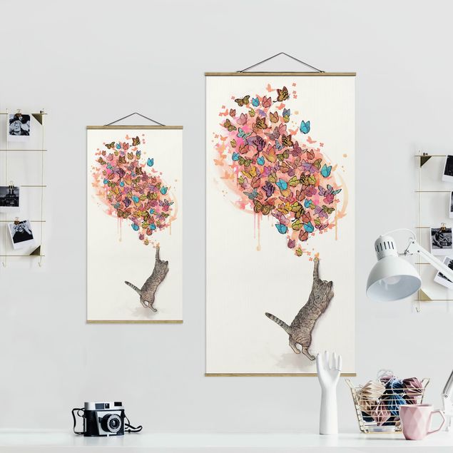 Wandbilder Tiere Illustration Katze mit bunten Schmetterlingen Malerei