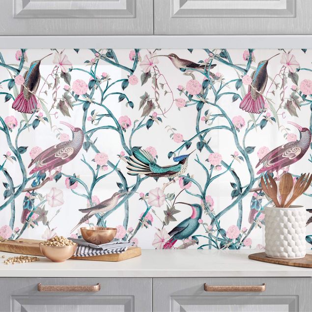 Wanddeko Küche Rosa Blumenranken mit Vögeln in Blau II