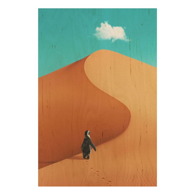 Holzbilder Landschaften Wüste mit Pinguin