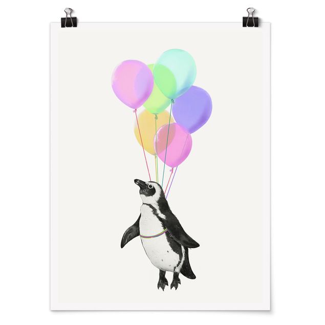 Wandbilder Kunstdrucke Illustration Pinguin Pastell Luftballons