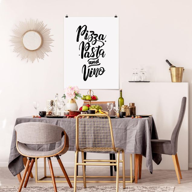 Poster schwarz-weiß Fotografie Pizza Pasta und Vino