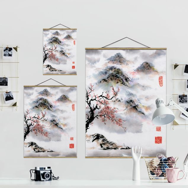 Wandbilder Blumen Japanische Aquarell Zeichnung Kirschbaum und Berge